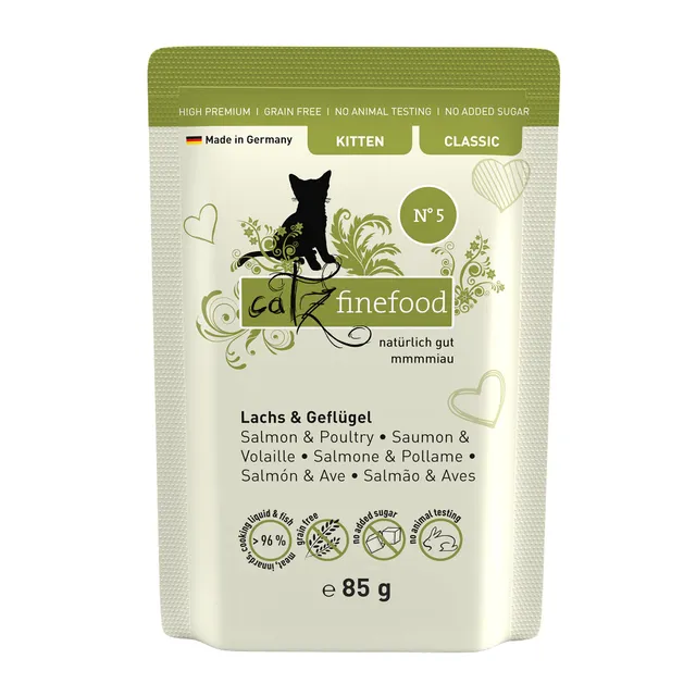 catz-finefood-kitten-n-5-lachs-und-gefl-gel-katzen-nassfutter-16-x-85-g-beutel image 1